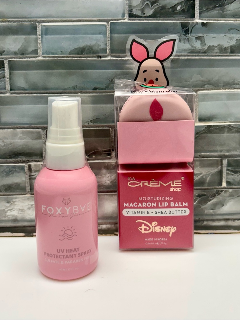 FoxyBae Heat Protectant Spray 2oz Travel Size + The Crème Shop Macaron Lip Balm